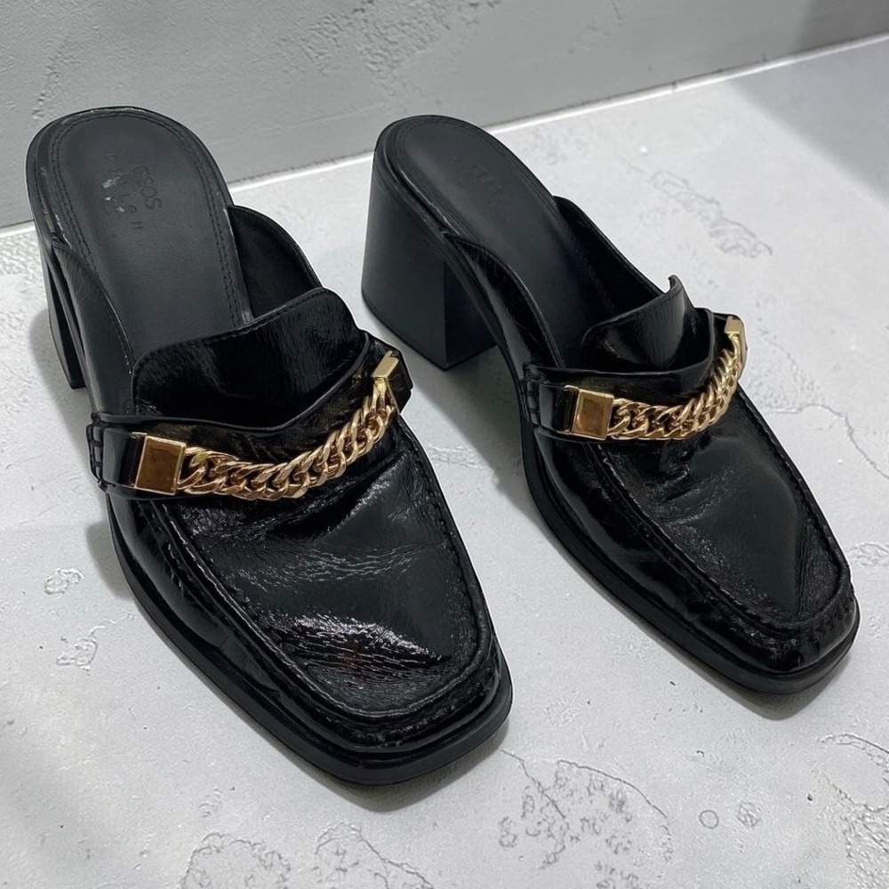 ASOS DESIGN Patent Faux Leather Loafer Mules Retro Shaw Chain Black size 9
